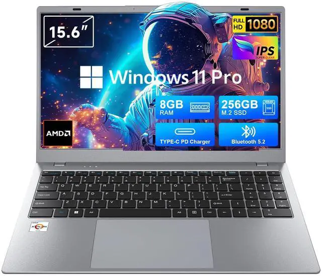 Main image of Akocrsiy 15.6" FHD Laptop for Students and Business, 8GB RAM 256GB SSD, AMD 3020e Processor, Windows 11 Pro, Office 2024, Long Battery Life, Lightweight Notebook, Type-C, WiFi 5 & BT 5.2, Space Gray