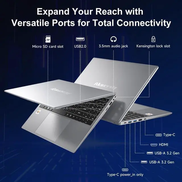 Alt view image 4 of 5 - Akocrsiy 15.6" FHD Laptop for Students and Business, 8GB RAM 256GB SSD, AMD 3020e Processor, Windows 11 Pro, Office 2024, Long Battery Life, Lightweight Notebook, Type-C, WiFi 5 & BT 5.2, Space Gray