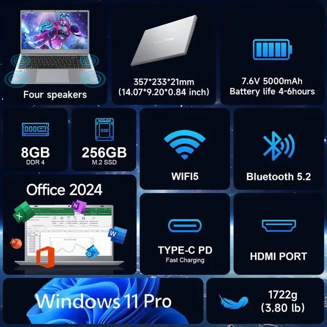 Alt view image 5 of 5 - Akocrsiy 15.6" FHD Laptop for Students and Business, 8GB RAM 256GB SSD, AMD 3020e Processor, Windows 11 Pro, Office 2024, Long Battery Life, Lightweight Notebook, Type-C, WiFi 5 & BT 5.2, Space Gray