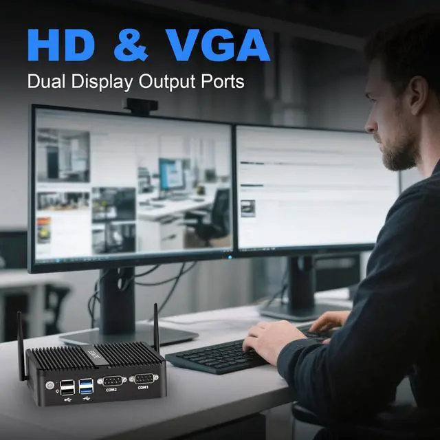 Alt view image 2 of 5 - EGSMTPC Fanless Mini PC, Industrial PC Intel N100, 8GB RAM, 512GB SSD, Dual Display (4K HD + VGA), 2 RS232 COM, Dual Gigabit Ethernet, WiFi, BT, Mini Computer Win 11