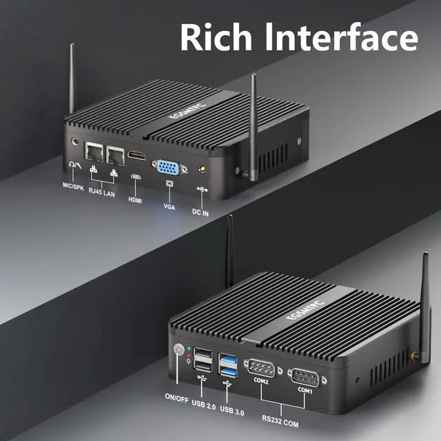 Alt view image 3 of 5 - EGSMTPC Fanless Mini PC, Industrial PC Intel N100, 8GB RAM, 512GB SSD, Dual Display (4K HD + VGA), 2 RS232 COM, Dual Gigabit Ethernet, WiFi, BT, Mini Computer Win 11