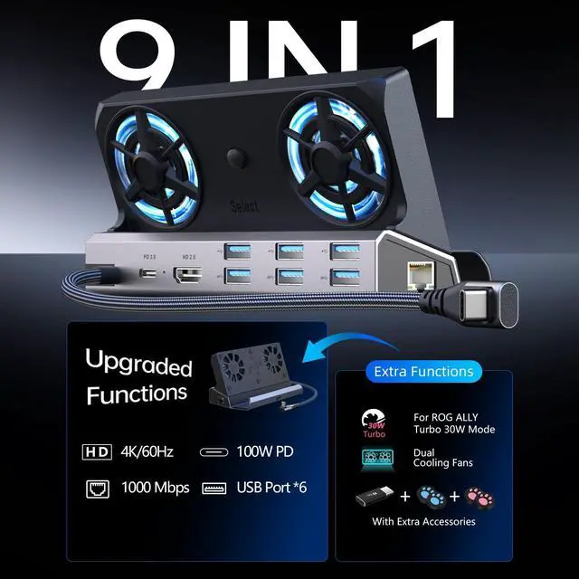Alt view image 2 of 5 - Legion Go/ROG Ally/Steam Deck Dock - 9-in-1 Docking Station Dual Cool Fans Steam, 4K@60Hz, 4 USB Ports, SD/TFU3, 100W PD Charging, Gigabit Ethernet Fit for Steam Deck