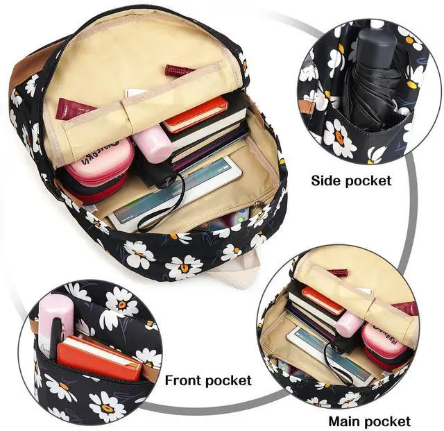 Alt view image 4 of 5 - Xinveen Floral Laptop Backpack School Bag Bookbags Lightweight Water Resistant Backpack for Womens Travel Daisy Black