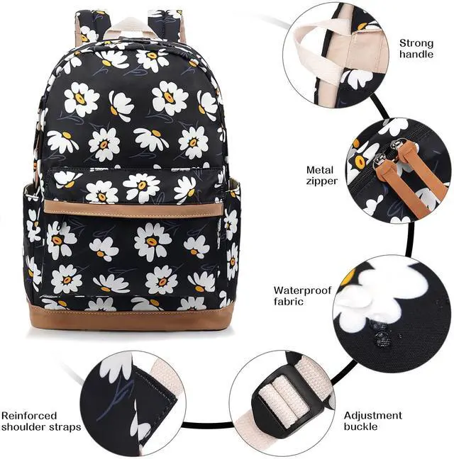 Alt view image 3 of 5 - Xinveen Floral Laptop Backpack School Bag Bookbags Lightweight Water Resistant Backpack for Womens Travel Daisy Black