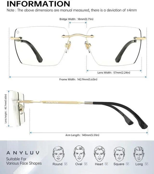 Alt view image 4 of 5 - ANYLUV Rimless Blue Light Glasses Men Women, Fashion Oversized Lens Blue Light Blocking Glasses with Lightweight Metal Temple