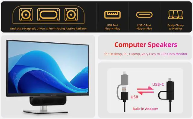 Alt view image 2 of 5 - Computer Speakers for Desktop PC, Monitor Speakers, USB Plug-in, Wired, External Speaker for Laptop, Small Computer Soundbar for PC, with Loud Sound, Deep Bass, USB-C Adapter, Easily Clamp to Monitor
