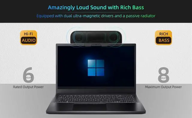 Alt view image 3 of 5 - Computer Speakers for Desktop PC, Monitor Speakers, USB Plug-in, Wired, External Speaker for Laptop, Small Computer Soundbar for PC, with Loud Sound, Deep Bass, USB-C Adapter, Easily Clamp to Monitor