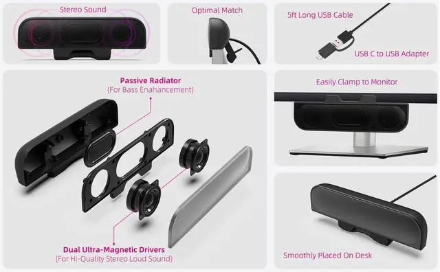 Alt view image 4 of 5 - Computer Speakers for Desktop PC, Monitor Speakers, USB Plug-in, Wired, External Speaker for Laptop, Small Computer Soundbar for PC, with Loud Sound, Deep Bass, USB-C Adapter, Easily Clamp to Monitor