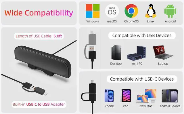 Alt view image 5 of 5 - Computer Speakers for Desktop PC, Monitor Speakers, USB Plug-in, Wired, External Speaker for Laptop, Small Computer Soundbar for PC, with Loud Sound, Deep Bass, USB-C Adapter, Easily Clamp to Monitor