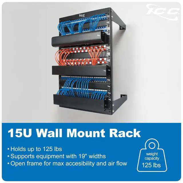 Alt view image 2 of 5 - ICC 15U Wall Mount 19 Open Frame Server Rack  18 Deep Cold-Rolled Steel, 125lb Load Capacity  Network Rack for Patch Panels, Switches, AV, IT & Telecom Equipment Installations