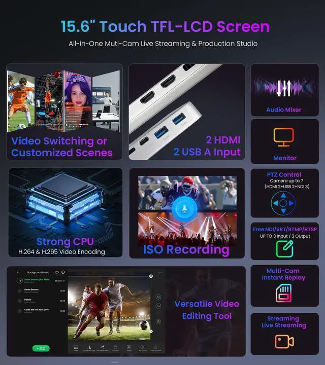 Alt view image 4 of 5 - JUNEBOX 15.6" Large LCD Touch Screen, All-in-One Video Switcher Monitor Encoder Recorder, Video Mixer with 10 Signal Inputs, Live Streaming Equipment for NDI/RTMP/SRT/RTSP/Facebook/YouTube, etc