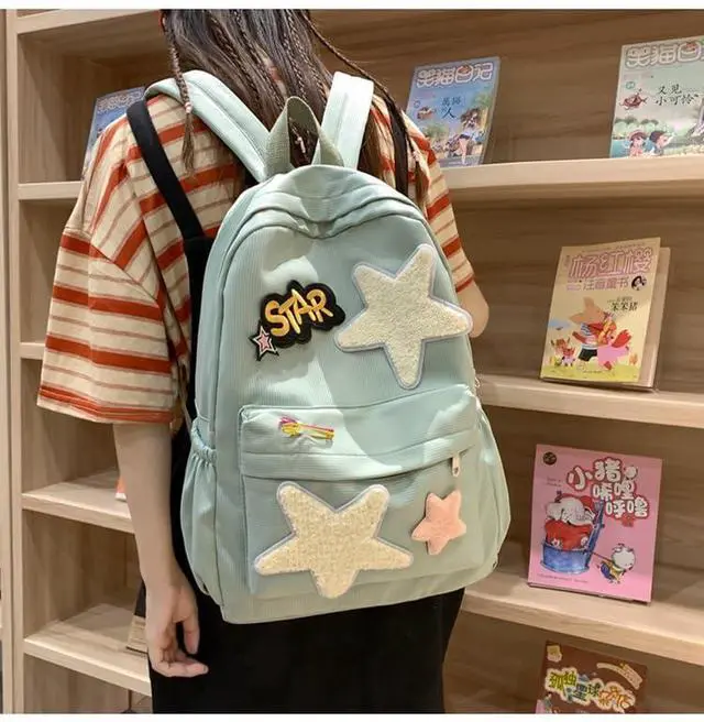 Alt view image 2 of 5 - MININAI 2025 Preppy Backpack Trendy Y2K Stars Backpack Cute Aesthetic College Laptop Backpack Casual Daypack Y2k Accessories (Black,One Size)