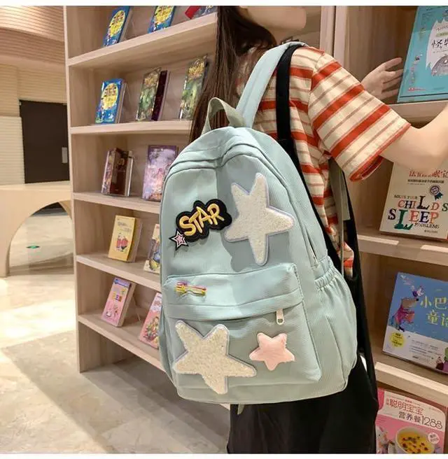Alt view image 3 of 5 - MININAI 2025 Preppy Backpack Trendy Y2K Stars Backpack Cute Aesthetic College Laptop Backpack Casual Daypack Y2k Accessories (Black,One Size)