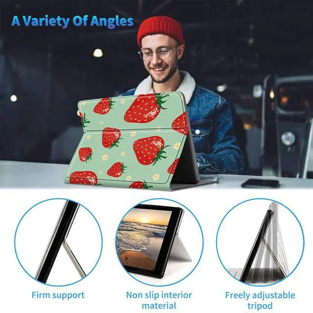 Alt view image 3 of 5 - for All-New Kindle Fire HD 10 & Fire HD 10 Plus (10.1" 11th Gen, 2021 Release), Slim PU Leather Multi-Angle Stand Cover with Auto Wake/Sleep Plus 1 Screen Clean Pad, Strawberry Floral