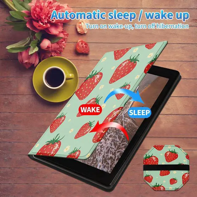 Alt view image 4 of 5 - for All-New Kindle Fire HD 10 & Fire HD 10 Plus (10.1" 11th Gen, 2021 Release), Slim PU Leather Multi-Angle Stand Cover with Auto Wake/Sleep Plus 1 Screen Clean Pad, Strawberry Floral