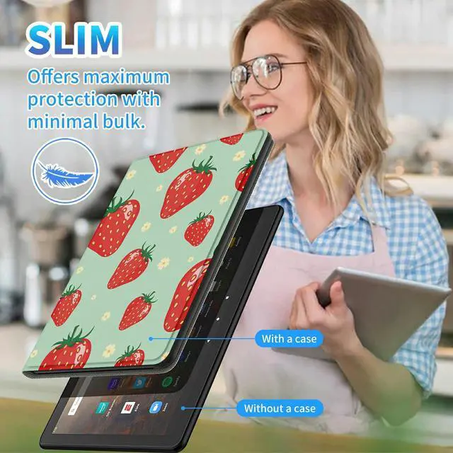 Alt view image 5 of 5 - for All-New Kindle Fire HD 10 & Fire HD 10 Plus (10.1" 11th Gen, 2021 Release), Slim PU Leather Multi-Angle Stand Cover with Auto Wake/Sleep Plus 1 Screen Clean Pad, Strawberry Floral