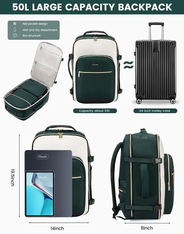 Alt view image 3 of 5 - LOVEVOOK 50L Large Travel Backpack for Women & Men, Carry on Backpack Airline Approved, Waterproof Travel Essentials fits 18" Laptop, TSA Personal Item Travel Bag Sports Backpack with 3 Packing Cubes