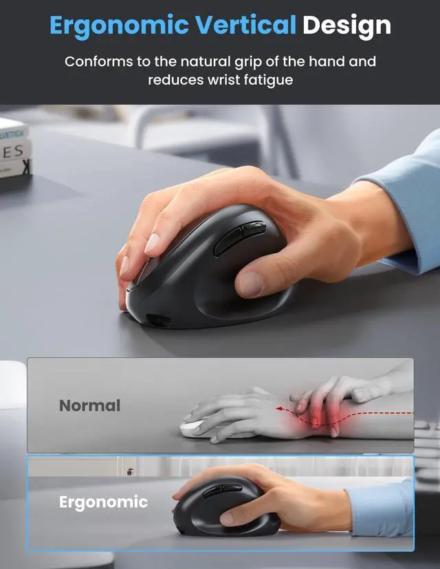 Alt view image 2 of 5 - TECKNET Ergonomic Mouse, Bluetooth Wireless Vertical Mouse, Rechargeable Battery, Quiet Clicks, 4800 DPI Adjustable, BT5.0/3.0 & 2.4G Connect, Easy to use, Wide Compatibility - Black