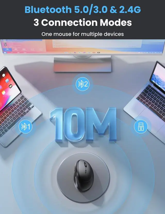 Alt view image 3 of 5 - TECKNET Ergonomic Mouse, Bluetooth Wireless Vertical Mouse, Rechargeable Battery, Quiet Clicks, 4800 DPI Adjustable, BT5.0/3.0 & 2.4G Connect, Easy to use, Wide Compatibility - Black