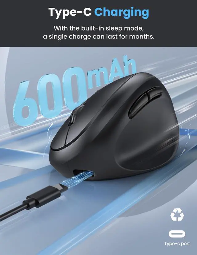 Alt view image 4 of 5 - TECKNET Ergonomic Mouse, Bluetooth Wireless Vertical Mouse, Rechargeable Battery, Quiet Clicks, 4800 DPI Adjustable, BT5.0/3.0 & 2.4G Connect, Easy to use, Wide Compatibility - Black