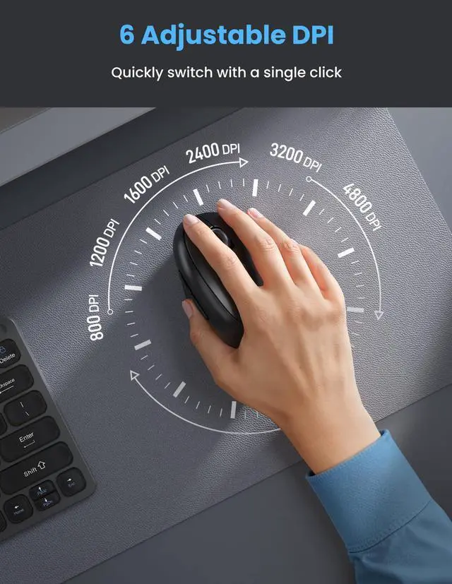 Alt view image 5 of 5 - TECKNET Ergonomic Mouse, Bluetooth Wireless Vertical Mouse, Rechargeable Battery, Quiet Clicks, 4800 DPI Adjustable, BT5.0/3.0 & 2.4G Connect, Easy to use, Wide Compatibility - Black