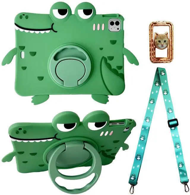 Main image of Green Dinosaur Case with Strap for iPad Pro 11 inch/Air 5th 2022/Air 4th 2020 10.9 inch,3D Kawaii Cute 360 Rotation Kickstand Dinosaur Kids Girls Boys Soft Silicone Case with Cat Kickstand
