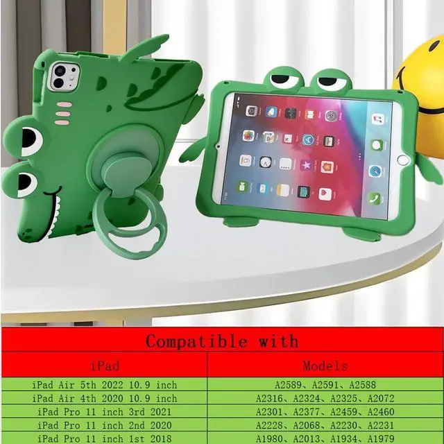 Alt view image 2 of 5 - Green Dinosaur Case with Strap for iPad Pro 11 inch/Air 5th 2022/Air 4th 2020 10.9 inch,3D Kawaii Cute 360 Rotation Kickstand Dinosaur Kids Girls Boys Soft Silicone Case with Cat Kickstand