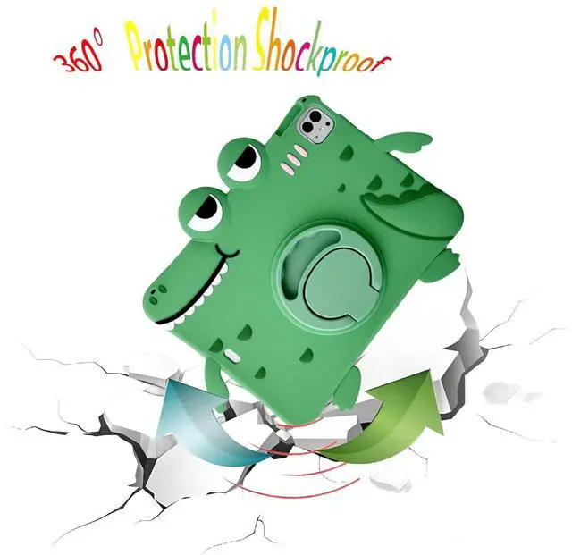 Alt view image 4 of 5 - Green Dinosaur Case with Strap for iPad Pro 11 inch/Air 5th 2022/Air 4th 2020 10.9 inch,3D Kawaii Cute 360 Rotation Kickstand Dinosaur Kids Girls Boys Soft Silicone Case with Cat Kickstand