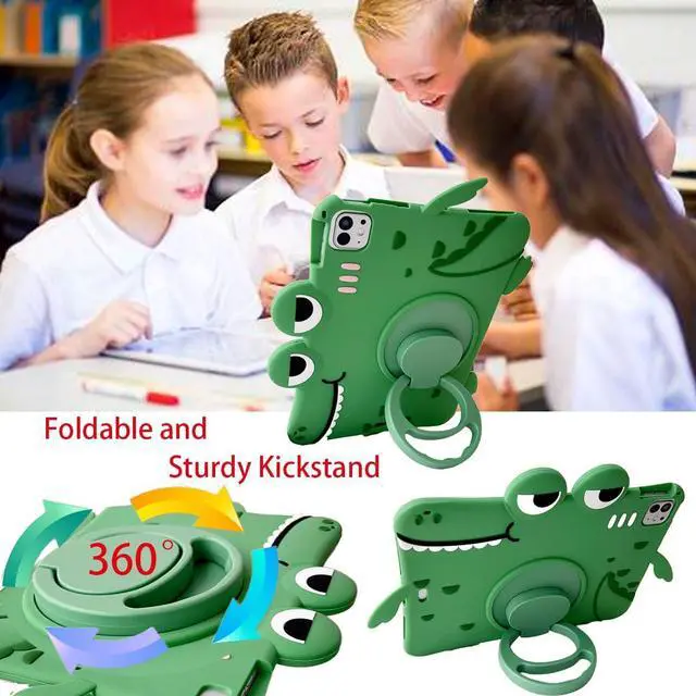 Alt view image 3 of 5 - Green Dinosaur Case with Strap for iPad Pro 11 inch/Air 5th 2022/Air 4th 2020 10.9 inch,3D Kawaii Cute 360 Rotation Kickstand Dinosaur Kids Girls Boys Soft Silicone Case with Cat Kickstand