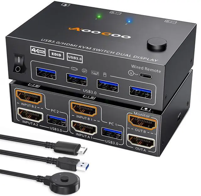 Main image of HDMI KVM Switch 2 Monitors 2 PC 4K@60Hz/2K@120Hz KVM Switches with EDID Simulator, USB 3.0 Port,Wired Remote and USB3.0 Cables Included