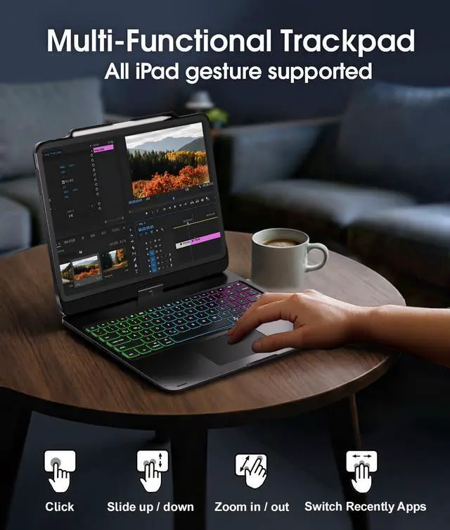 Alt view image 4 of 5 - Baisla iPad Pro 13 inch Case with Keyboard(M4) & iPad Air 13(M3/M2), Premium Hardshell Keyboard for iPad Pro 12.9(6th/5th/4th/3rd Gen), Multi Trackpad, 360 Swivel & Backlit with Pencil Holder - Black