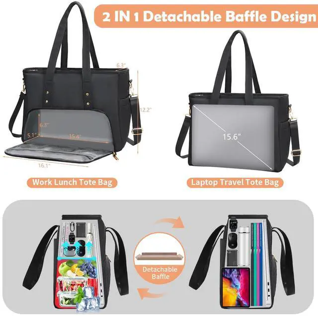 Alt view image 2 of 5 - Jetviivid Laptop Tote Bag for Women, Work Bag with Insulated Lunch Compartment, 15.6 Inch Laptop Purse for Office,Teacher,College,Nurse,Travel, Black