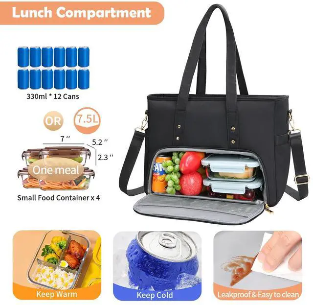 Alt view image 3 of 5 - Jetviivid Laptop Tote Bag for Women, Work Bag with Insulated Lunch Compartment, 15.6 Inch Laptop Purse for Office,Teacher,College,Nurse,Travel, Black