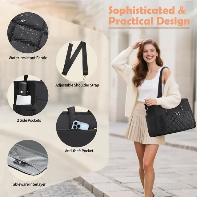 Alt view image 5 of 5 - Jetviivid Laptop Tote Bag for Women, Work Bag with Insulated Lunch Compartment, 15.6 Inch Laptop Purse for Office,Teacher,College,Nurse,Travel, Black