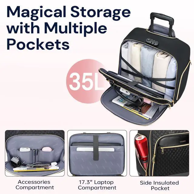Alt view image 5 of 5 - Ytonet Rolling Briefcase for Women, 17.3 Inch Rolling Laptop Bag with Lock, Water Rresistant Wheeled Computer Bag with Insulated Pocket, Roller Bags for Work Travel Overnight Teacher, Black