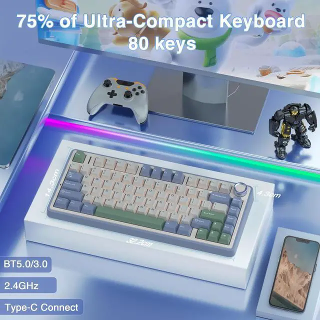 Alt view image 3 of 5 - AULA Wireless Keyboard and Mouse Combo, F75 75% Mechanical Keyboards, Gasket Hot Swappable Custom Keyboard+SC580 Wireless Gaming Mouse Black