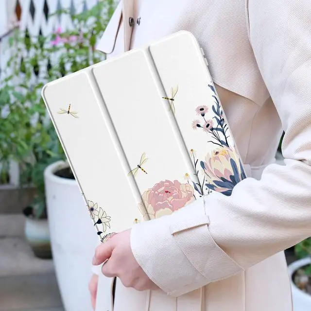 Alt view image 2 of 5 - Yebiseven Case for iPad Air 5th/Air 4th Generation 2022 2020, Clear Acrylic Back Shell for iPad Air 10.9 inch, Shockproof Tablet Case with Auto Sleep/Wake + Pencil Holder, Trendy Floral