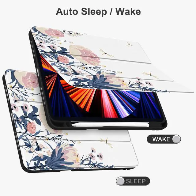 Alt view image 3 of 5 - Yebiseven Case for iPad Air 5th/Air 4th Generation 2022 2020, Clear Acrylic Back Shell for iPad Air 10.9 inch, Shockproof Tablet Case with Auto Sleep/Wake + Pencil Holder, Trendy Floral