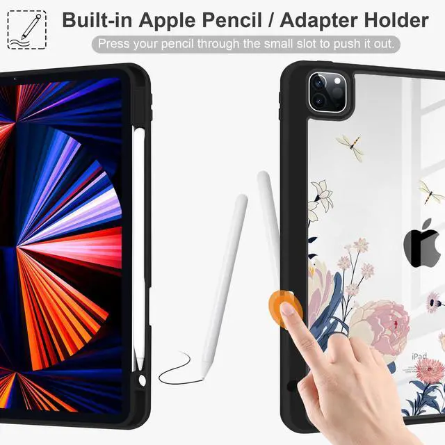 Alt view image 4 of 5 - Yebiseven Case for iPad Air 5th/Air 4th Generation 2022 2020, Clear Acrylic Back Shell for iPad Air 10.9 inch, Shockproof Tablet Case with Auto Sleep/Wake + Pencil Holder, Trendy Floral