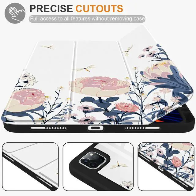 Alt view image 5 of 5 - Yebiseven Case for iPad Air 5th/Air 4th Generation 2022 2020, Clear Acrylic Back Shell for iPad Air 10.9 inch, Shockproof Tablet Case with Auto Sleep/Wake + Pencil Holder, Trendy Floral