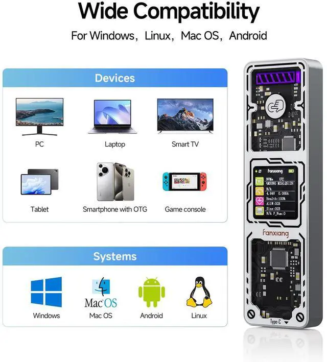 Alt view image 5 of 5 - fanxiang SSD Enclosure, USB 3.2 Gen 2 (10 Gbps), M.2 NVME/SATA SSD Enclosure, USB Adapter/Reader, Solid State Drive External Enclosure, Supports M and B+M Keys and Size 2230/2242/2260/2280 SSDs, MD86