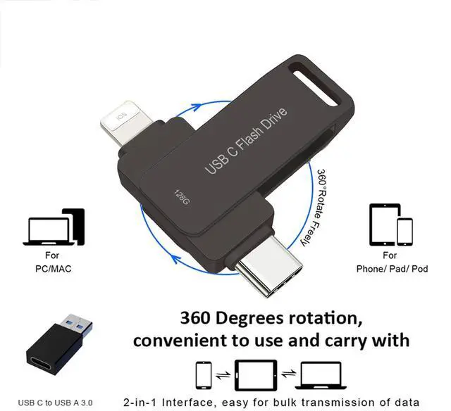 Alt view image 2 of 5 - USB C Thumb Drive Photo Stick 128GB for i Phone 15/16 USB C Android and PC Black