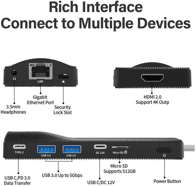 Alt view image 5 of 5 - HEIGAOLAPC PC Stick, Mini Desktop Celeron J4115 8GB DDR4 128GB eMMC, USB-C Fanless Micro PC, USB PD3.0 HDMI 4K 60Hz Wi-Fi5 Gigabit Ethernet BT5.2 on Business Office Industrial IOT Media Home