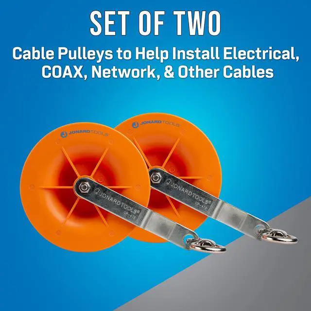 Alt view image 2 of 5 - Jonard Tools CP-475 Cable Pulley Set (2-Pack) for Low Voltage Electrical, Network, & COAX Cables - Smooth Cable Installation, Swivel Snap Hooks, and Anti-Friction Bearings - Holds up to 20 CAT5 & 6