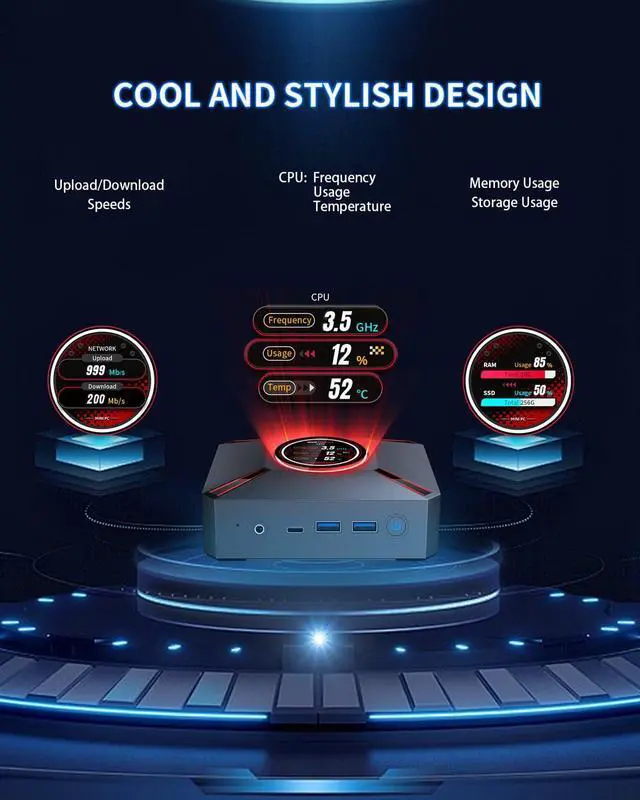 Alt view image 2 of 5 - Mini Gaming PC, LED Display Core i9-12900HK (up to 5.0GHz), 32GB RAM, 2TB SSD, Windows 11 Pro, 8K DP & 4K HDMI, Wi-Fi 6 & BT5.2, High Performance Desktop Mini Tower Computer for Gaming & Productivity