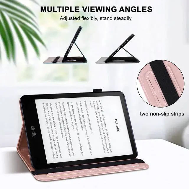 Alt view image 3 of 5 - Case for Kindle Fire HD 10 & 10 Plus (13th/11th Generation, 2023/2021) 10.1", Embossed Lace PU Leather Flip Folio Tablet Case with Elastic Band & Card Slots, Multi-Angle Stand Cover, Rose Gold