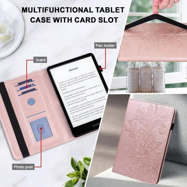 Alt view image 4 of 5 - Case for Kindle Fire HD 10 & 10 Plus (13th/11th Generation, 2023/2021) 10.1", Embossed Lace PU Leather Flip Folio Tablet Case with Elastic Band & Card Slots, Multi-Angle Stand Cover, Rose Gold