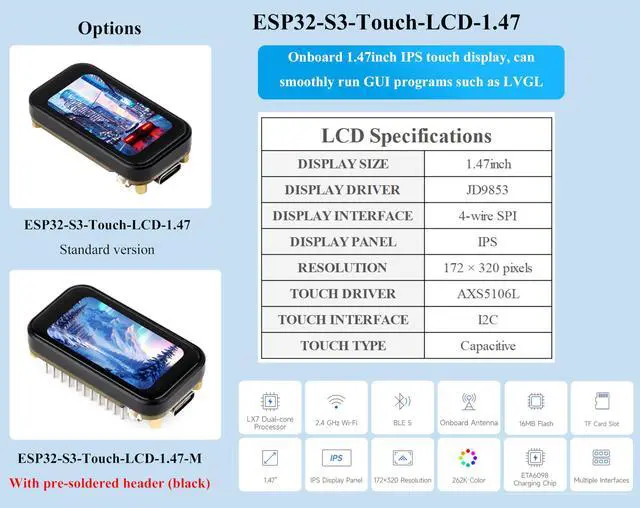 Alt view image 2 of 5 - ESP32-S3 1.47inch Touch Display Development Board, 172x320 Resolution IPS LCD, 262K Display Color, Supports 2.4GHz W-F-i/BLE 5, 240MHz LX7 Dual-Core Processor, Type-C, with Pre-Soldered Header