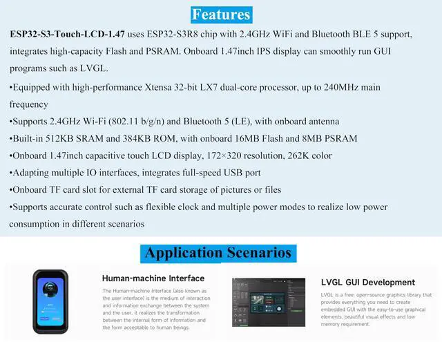 Alt view image 3 of 5 - ESP32-S3 1.47inch Touch Display Development Board, 172x320 Resolution IPS LCD, 262K Display Color, Supports 2.4GHz W-F-i/BLE 5, 240MHz LX7 Dual-Core Processor, Type-C, with Pre-Soldered Header