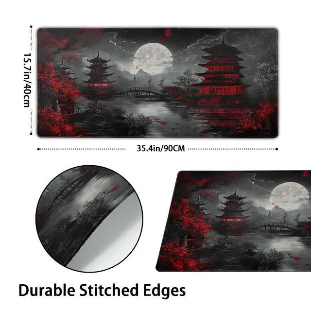 Alt view image 2 of 5 - Japanese Mouse Pad XXL 35.4 X 15.7 Inch Black Red Design Style Extended Large Gaming Mousepad Keyboard Full Desk Mat Non-Slip Rubber Base Stitched Edges for Home Office